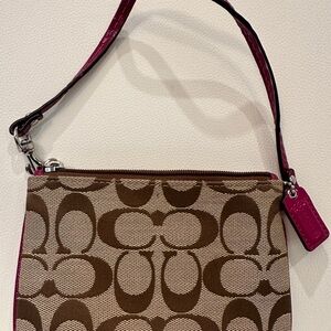 EUC Elegant Coach Brown w/ Magenta Stripe Wristlet